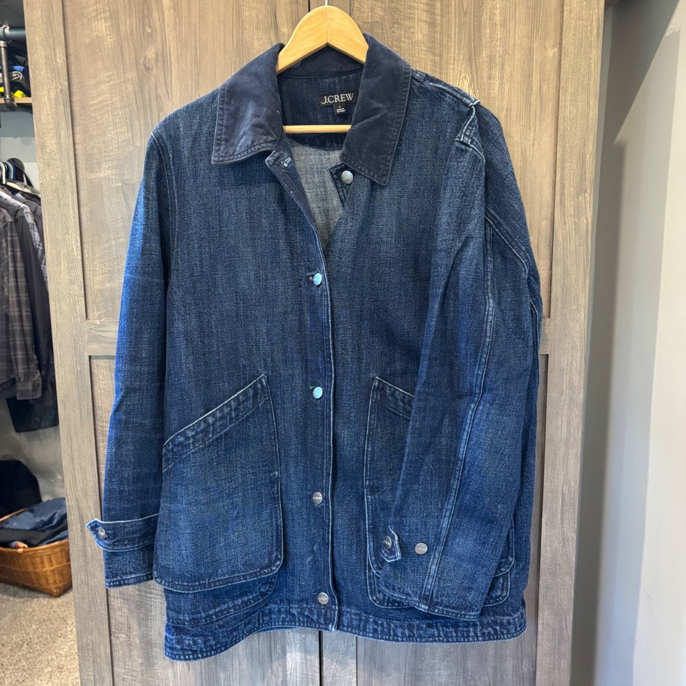 J.Crew Denim Barn Jacket Corduroy Collar Dark Wash Indigo Utility Coat Small